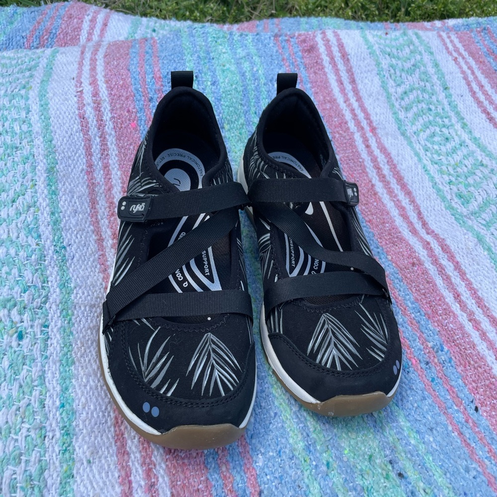 Ryka Kailee Palm Tree Mary Jane Sneakers w/ Velcro Straps - Black & White